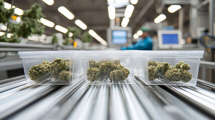 Harvested cannabis buds in clear containers moving along a conveyor belt, ready for processing and distribution in a modern industrial facility.