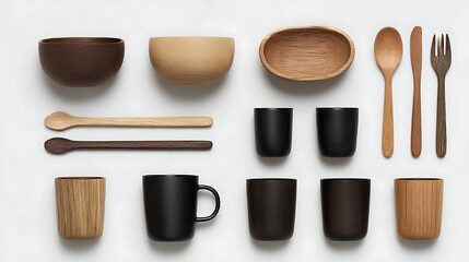 Minimalist knolling arrangement featuring dark brown and light brown wooden bowls spoons cups and a black mug on a white background
