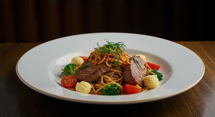 Gourmet Pan-Seared Steak Medallions with Spaghetti, Mashed Potatoes, and Roasted Vegetables; Elegant Restaurant Dish; Fine Dining Food Photography