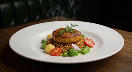 Gourmet Pan-Seared Fish Cake with Steaming Brown Rice, Spring Vegetables, and Creamy Herb Sauce: Elegant Fine Dining Dish Stock Photo