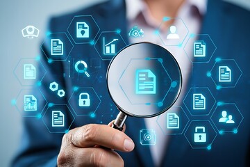 A magnifying glass is held in front of a person in a suit with data icons, representing data analysis, cybersecurity, and information privacy in business