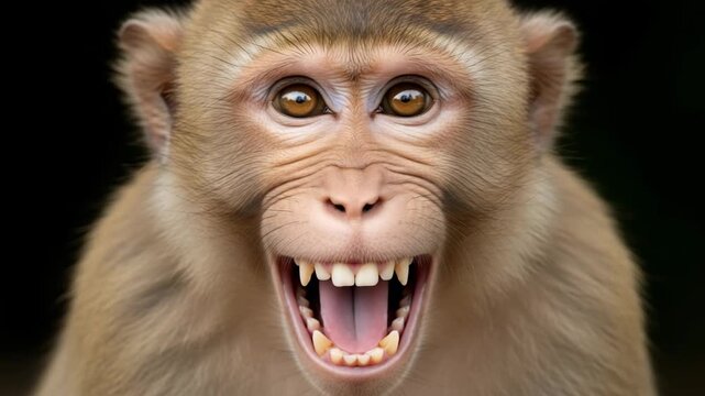 A monkey grins, showing its teeth in a closeup portrait