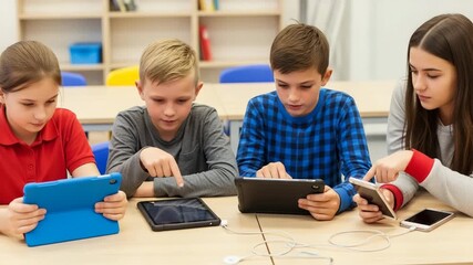 Group of children using digital tablets for learning in classroom - Powered by Adobe