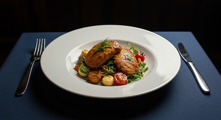 Gourmet Chicken Cutlets with Pasta Salad: Elegant Restaurant Dish, Close-up Studio Shot, Dark Background, Fine Dining