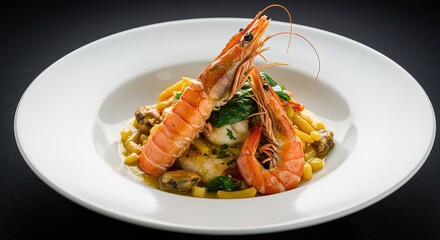 Gourmet Seafood Pasta Dish: Elegant, Close-up Shot of Succulent Shrimp and Mussels in Creamy Saffron Sauce, Garnished with Fresh Basil, Served on a Modern White Plate.