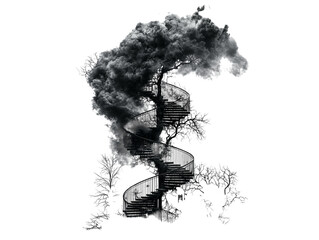 Fototapeta premium A surreal staircase entwined with dark clouds and lush greenery, symbolizing a journey through mystery and nature.