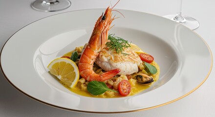 Gourmet Seafood Plate: Pan-Seared Fish with Jumbo Shrimp, Lemon, and Saffron Sauce; Elegant Fine Dining Dish; Luxury Restaurant Meal