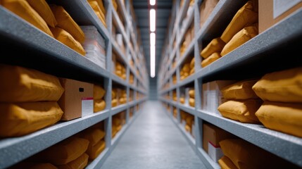 Distribution center with rows of shelves filled with neatly stacked packages and boxes