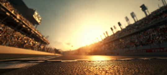 Sunset over a racing stadium, track, and grandstands