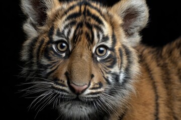 Fototapeta premium Young tiger cub gazes intently with striking eyes and distinct stripes in a close-up portrait, capturing the essence of wildlife