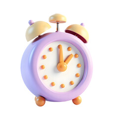 Cute cartoon alarm clock with bells and orange hands isolated on transparent background
