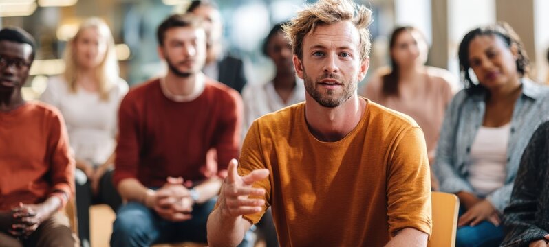 The engaged man leading an interactive discussion in a diverse workshop setting.
