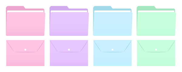 Vector set of document folders in pastel opaque colors: pink, purple, blue, and green. Includes side-open and button-closure designs with visible paper documents inside.