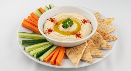 Creamy Hummus with Pita Bread and Fresh Vegetable Sticks: Vibrant, Healthy Mediterranean Appetizer Platter; Studio Shot, High-Resolution Image.