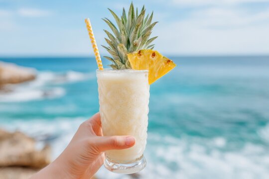 Hand holding piña colada cocktail with pineapple slice and straw on a tropical beach - Powered by Adobe