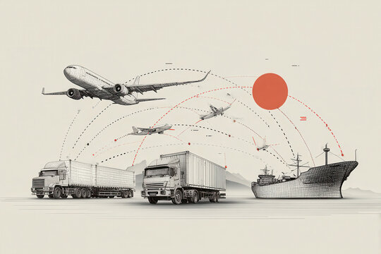 Visual representation of a global logistics network featuring air, land, and sea transportation systems connecting various locations in an efficient manner