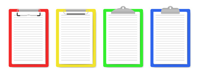 Flat vector illustration of 4 colorful paper clamps in red, yellow, green, and blue. Each clamp holds a sheet of lined paper.