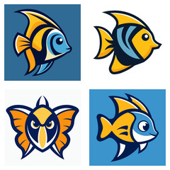 Collage of cartoon fish illustrations in blue and yellow with unique designs and different perspectives