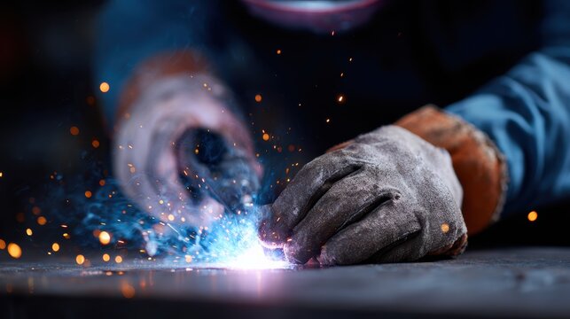 Close-up of hands welding metal components with sparks flying in workshop