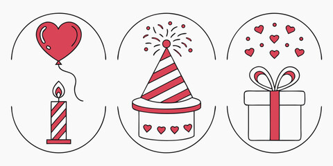 Obraz premium Celebration icons heart balloon candle party hat gift