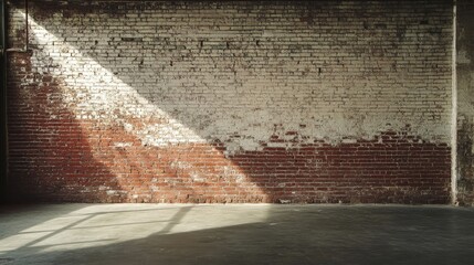 Sunlight illuminating empty industrial room with weathered brick wall