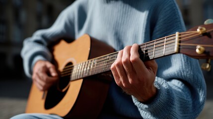 Musician playing acoustic guitar on a city street