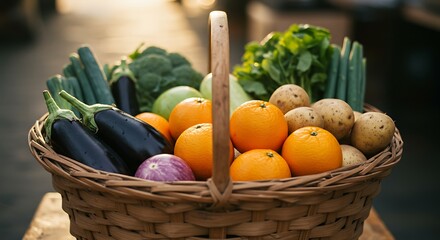 Vibrant Harvest Basket: A rustic basket overflows with a colorful array of fresh, seasonal produce, evoking a sense of abundance and the simple pleasures of farm-to-table living.