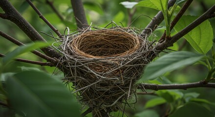 Empty Bird Nest in Green Tree Branches with Bright Natural Lighting