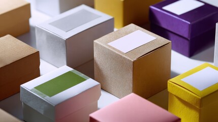 Abstract background of various shipping boxes and labels, diverse products. Packaging, variety. Organized.