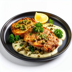 Gourmet pork medallions with capers, lemon, and creamy sauce presentation on white background
