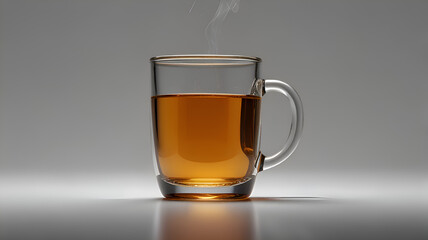 A clear glass mug of steaming hot tea on a gray surface.
