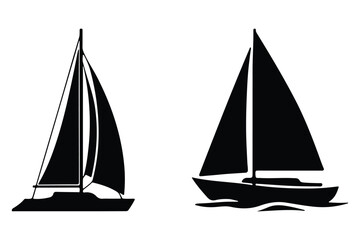 Silhouette of sailing ship vector icon with waves on white background.