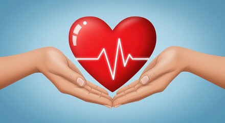 Hands holding a heart with a heartbeat line art