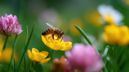 Close-up of honeybee pollinating vibrant flowers in spring meadow
