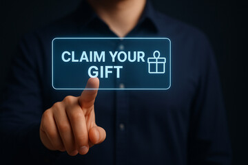 Finger Pressing Claim Your Gift Holographic Button with Glowing Icon for Website Marketing, Promotion, Giveaway, Subscription, Business Use