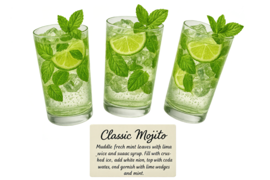 Three Mojitos with lime and mint, isolated on a transparent background.