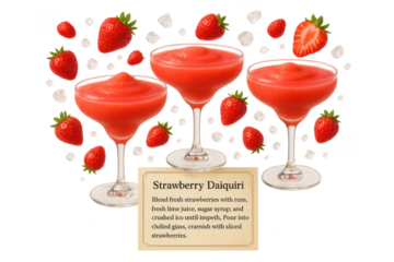 Three vibrant strawberry daiquiris isolated on a transparent background.