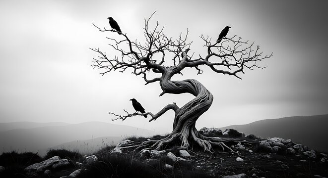Eerie Gnarled Tree on Hilltop with Crows Silhouetted Against Misty Sky