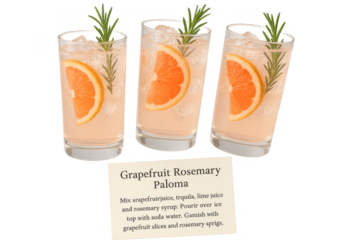 Paloma cocktails with recipe card isolated on a transparent background.