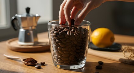 Aromatic Coffee Beans in the Daylight: A close-up perspective showcases a hand carefully selecting a single coffee bean from a clear glass brimming with roasted beans.