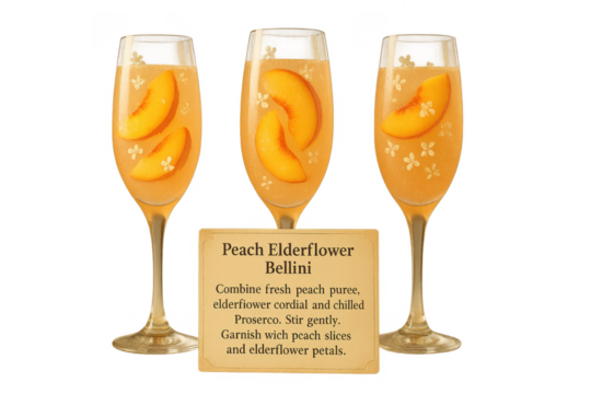 Three Peach Elderflower Bellini cocktails isolated on transparent background, drinks