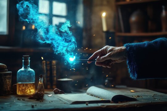 Magical hand casting spell in a dimly lit alchemist's workshop filled with potions and books