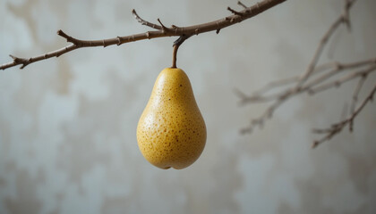 
single pear hanging on a bare tree branch with soft neutral blurred background, minimalist and artistic composition