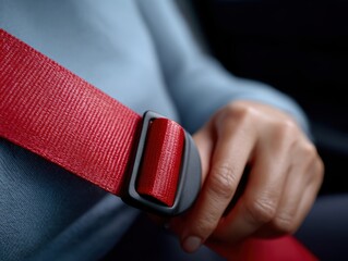 Close-up of a safety belt being buckled in a car, traffic safety. Prevention, responsible driving.