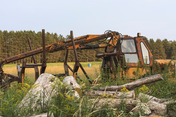 Fototapeta premium old farm equipment in field with forest