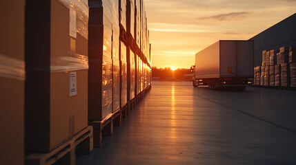 Obraz premium Sunset illuminates a warehouse, highlighting pallets of packaged goods and a delivery truck awaiting departure. Efficiency and distribution at dusk.