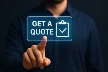 Professional man touching virtual holographic "Get a Quote" button with clipboard icon, business technology concept in modern digital UI
