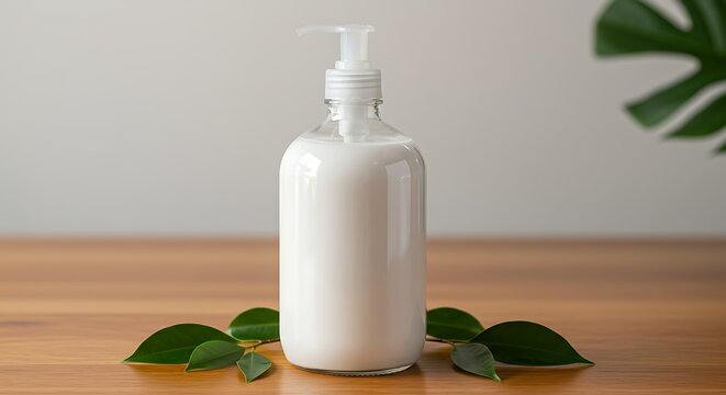 Natural Body Care Essence: A transparent glass bottle of body care product stands on a wooden surface, adorned with fresh green leaves, exuding the essence of natural skincare.