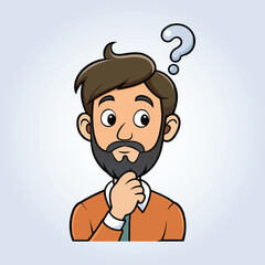 An illustration of a man with a beard with a question mark hand under his chin