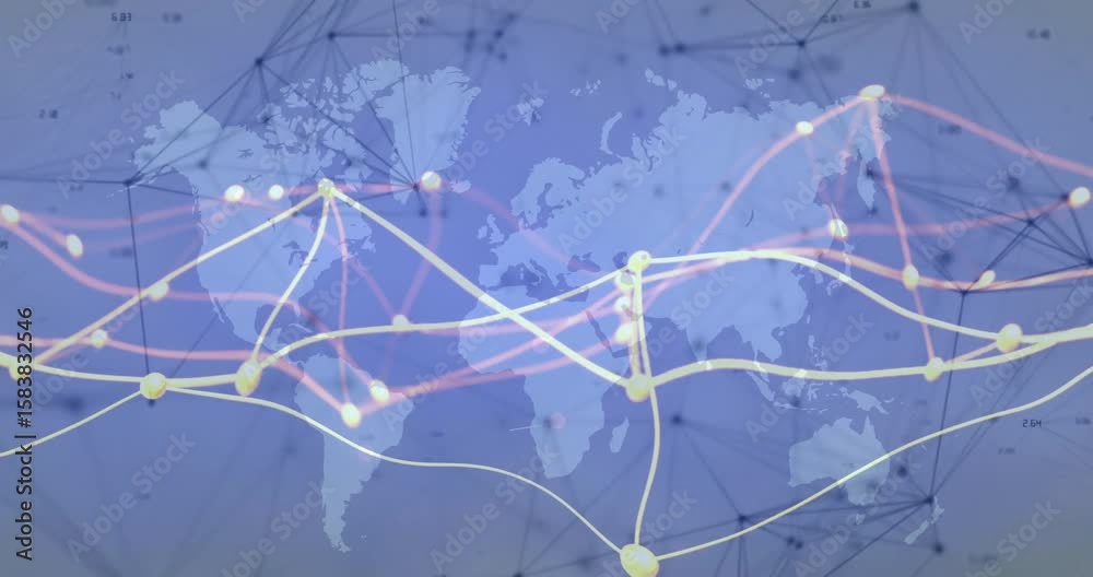 Poster fading world map initiating nodes pulsing while data flows animating and visualizing global network